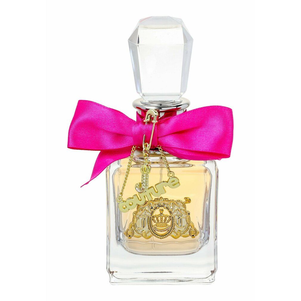 Parfümflasche mit rosa Schleife und Anhänger. Rechteckige Glasflasche mit goldfarbenem Emblem.