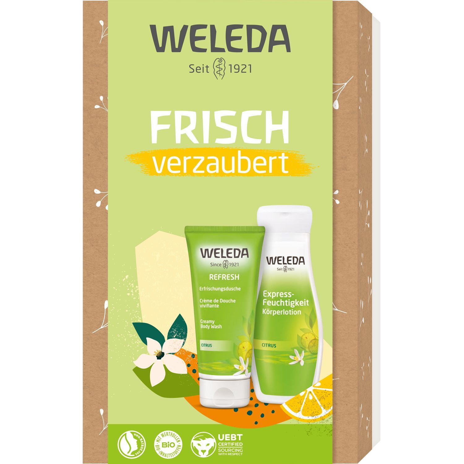Geschenkset mit grüner Verpackung. Aufdruck: Weleda, Frisch verzaubert. Zwei Produkte: Creme, Lotion. Uebt-Siegel.
