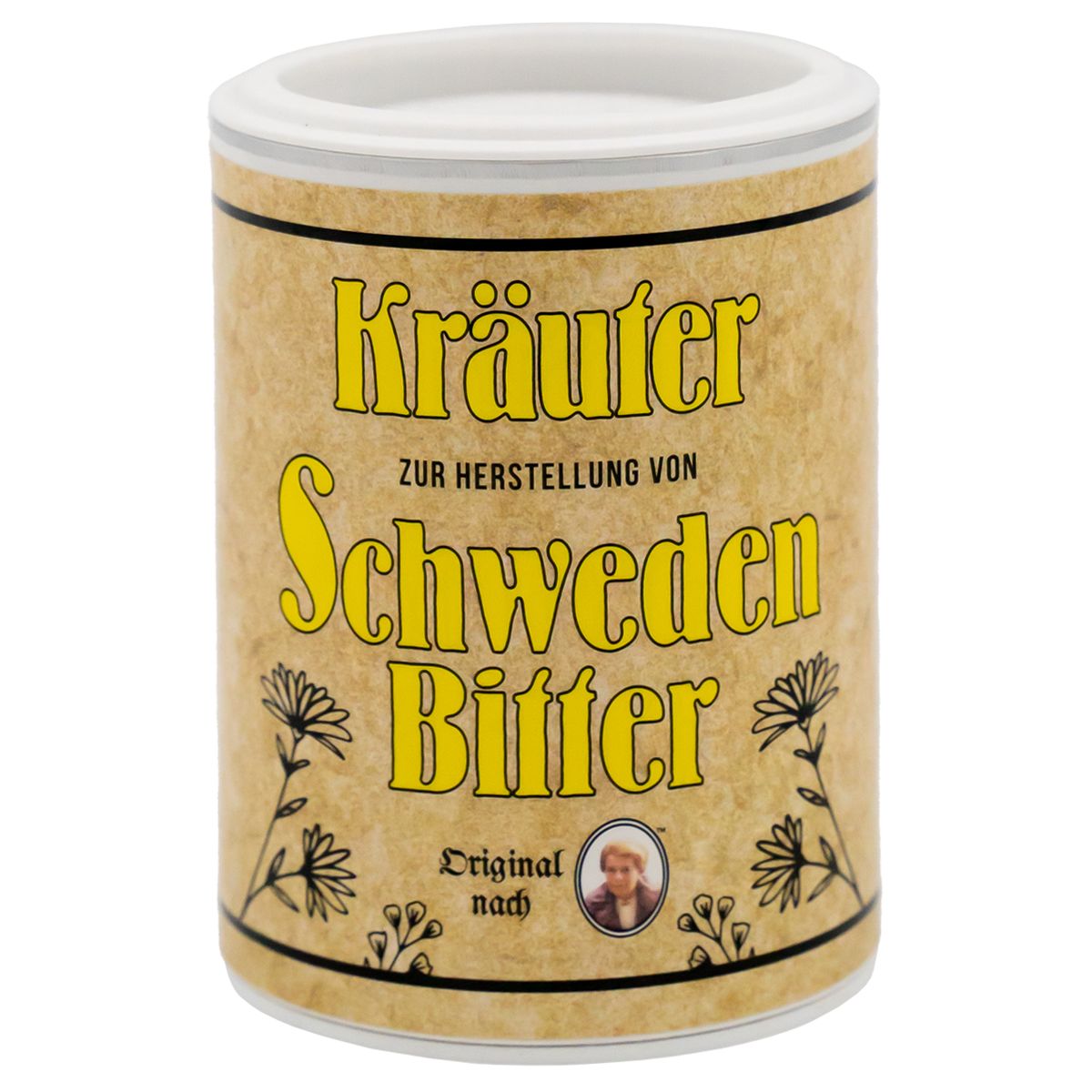 Zylindrische Dose mit gelbem Etikett. Aufschrift: Kräuter, Schweden Bitter. Illustrationen von Blumen und einem Porträt.
