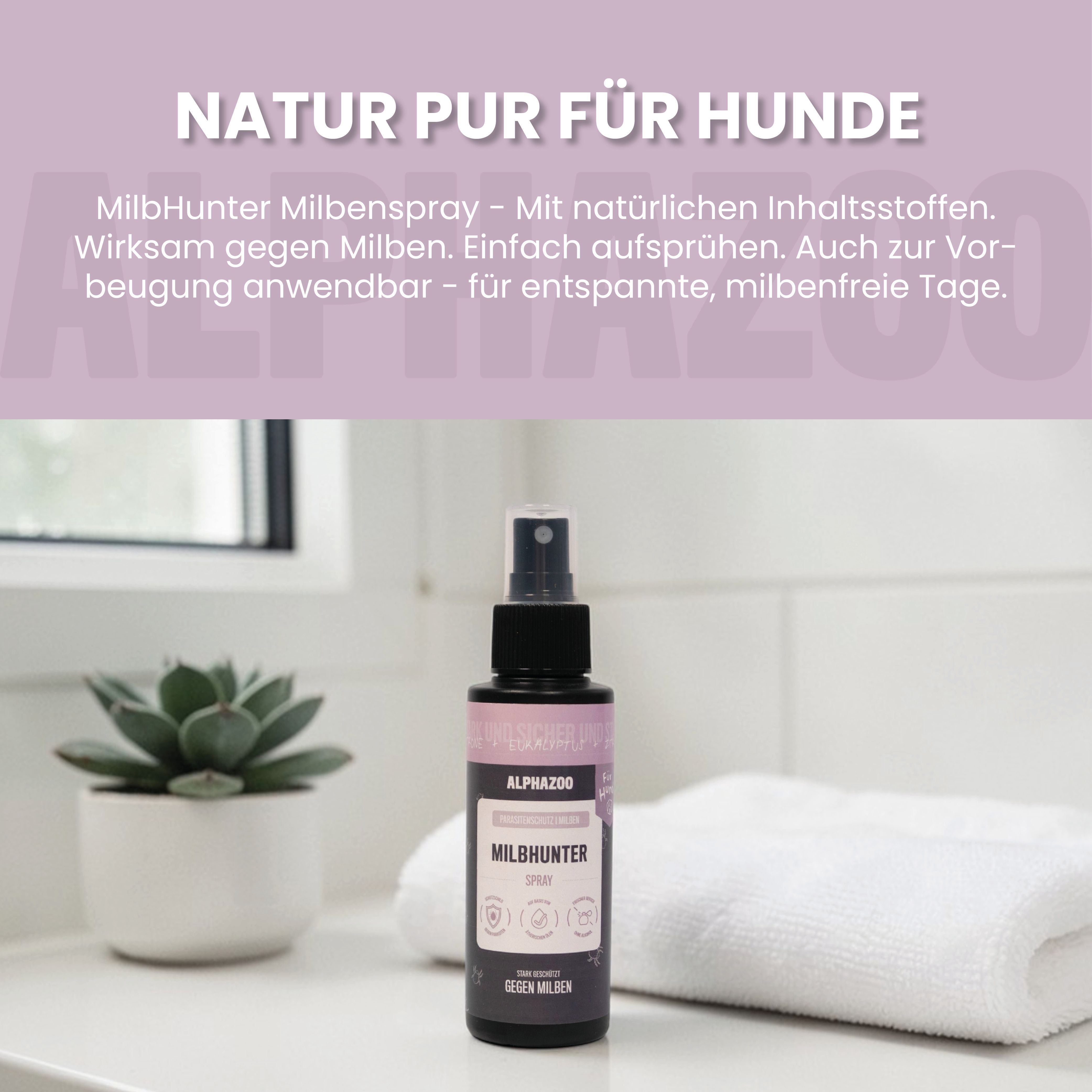 Eine Sprühflasche ALPHAZOO MilbHunter Milbenspray steht vor einer weißen Wand. Daneben ein Handtuch und eine Pflanze.