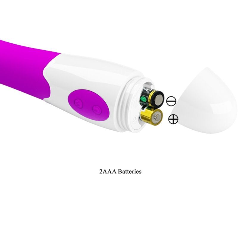 Batteriefach eines lila und weißen Vibrators mit zwei AAA-Batterien.
