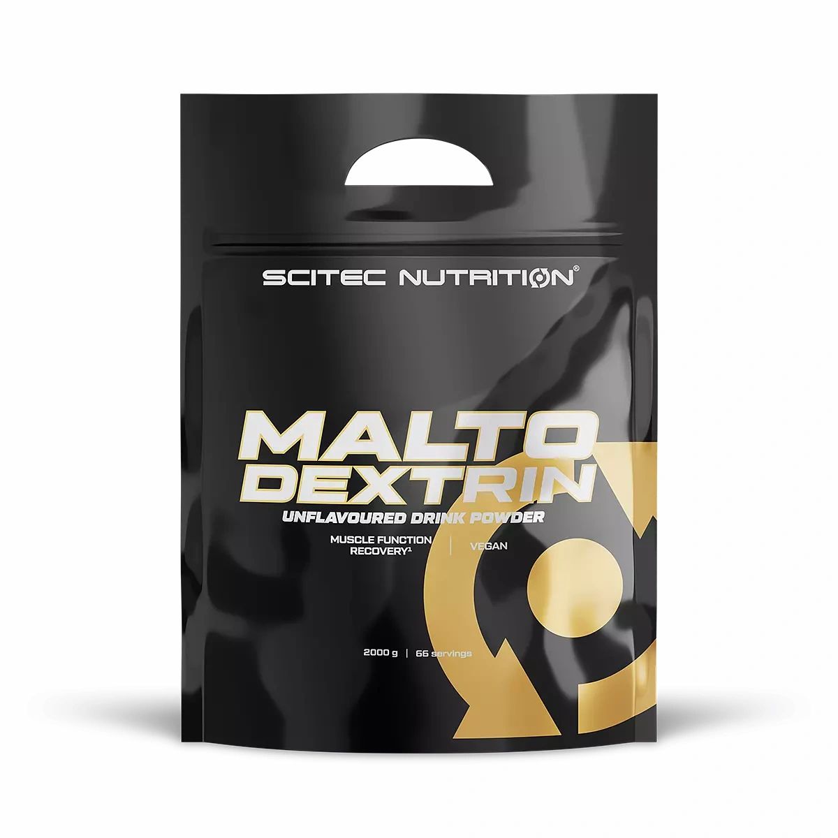 Schwarzer Beutel mit "SCITEC NUTRITION" und "MALTO DEXTRIN" Aufdruck. Enthält unflavored Drink Powder. Vegan.