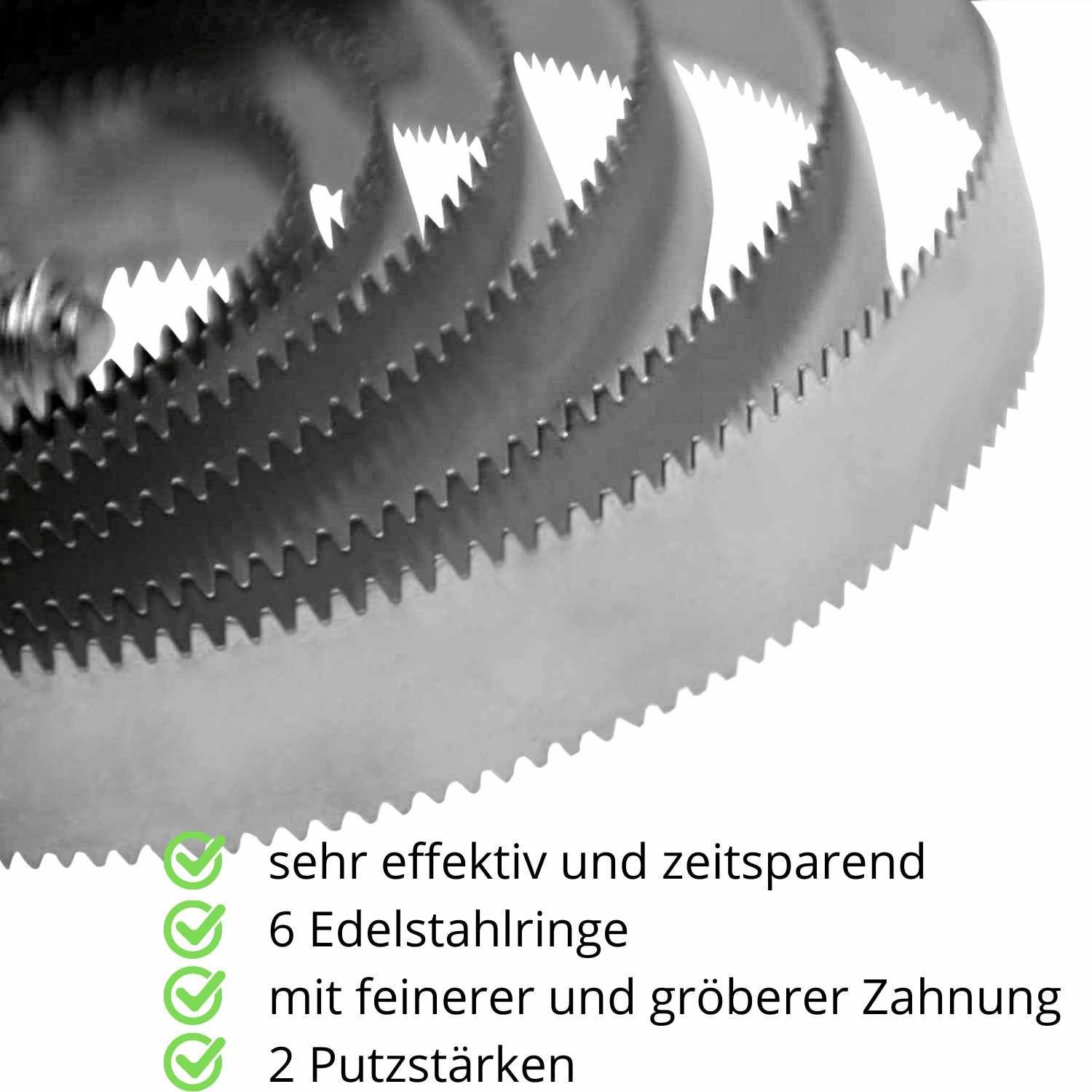 Nahaufnahme des Federstriegels. 6 Edelstahlringe mit feiner und gröberer Zahnung. 2 Putzstärken. Sehr effektiv und zeitsparend.