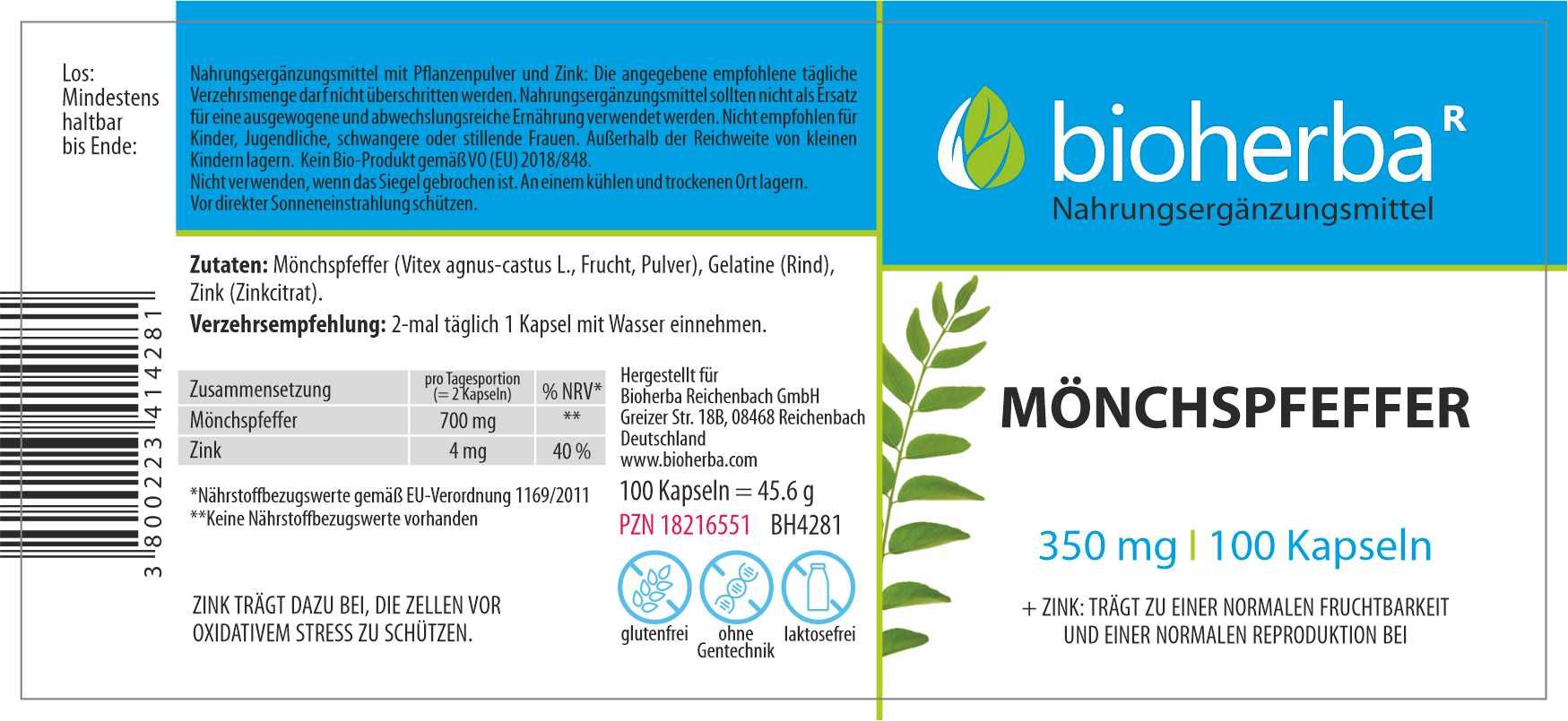 Etikett mit Produktinformationen. Enthält Text: Bioherba Mönchspfeffer, 350 mg, 100 Kapseln. Inhaltsstoffe und Nährwertangaben sind ebenfalls enthalten.
