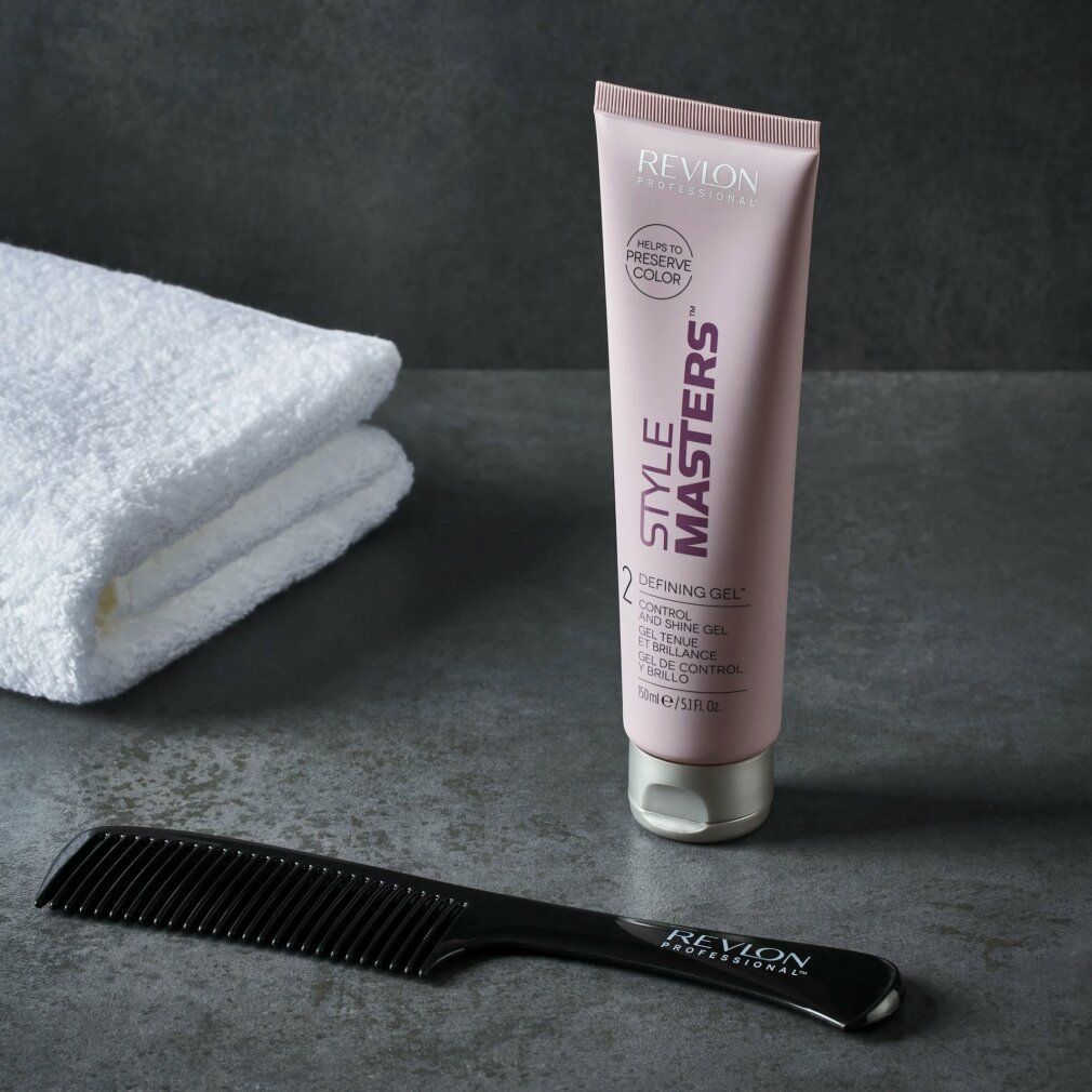Revlon Style Masters Defining Gel Tube, Handtuch, Kamm. Tube mit silberner Kappe. Text: Revlon, Style Masters, Defining Gel, 150ml/5.1 fl.oz.