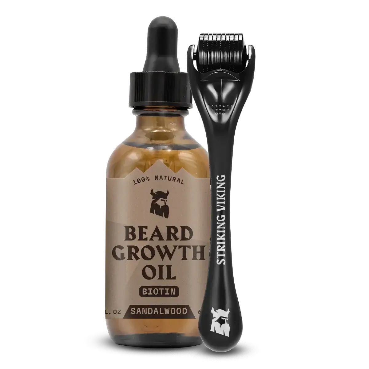 Braune Glasflasche mit Pipette und schwarzem Derma-Roller. Aufschrift: Beard Growth Oil, Biotin, Sandelholz. Marke: Striking Viking.