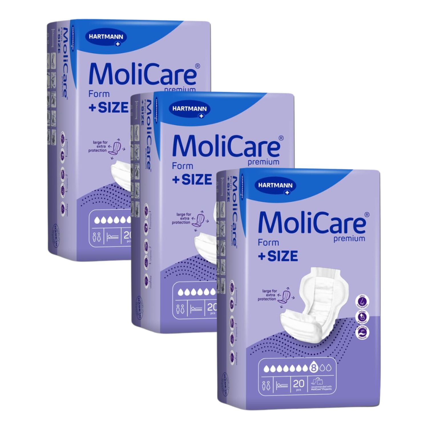 Drei Packungen MoliCare Premium Form + SIZE. Lila Verpackung mit Produktabbildung und Hartmann-Logo. 8 Tropfen.