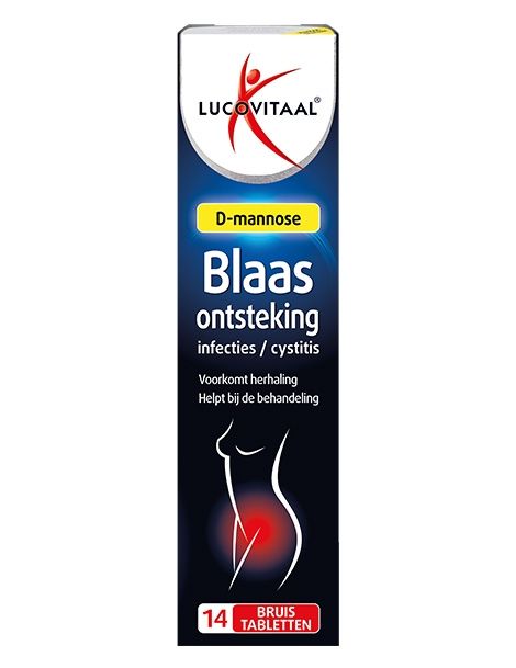 Verpackung der Lucovitaal D-Mannose Brausetabletten mit Abbildung einer weiblichen Silhouette und der Angabe '14 Brausetabletten'.