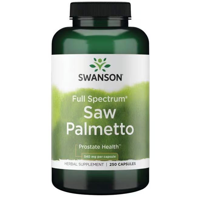 Grüne Flasche mit schwarzem Deckel. Aufschrift: SWANSON, Saw Palmetto, 540 mg pro Kapsel, 250 Kapseln. Herbal Supplement.