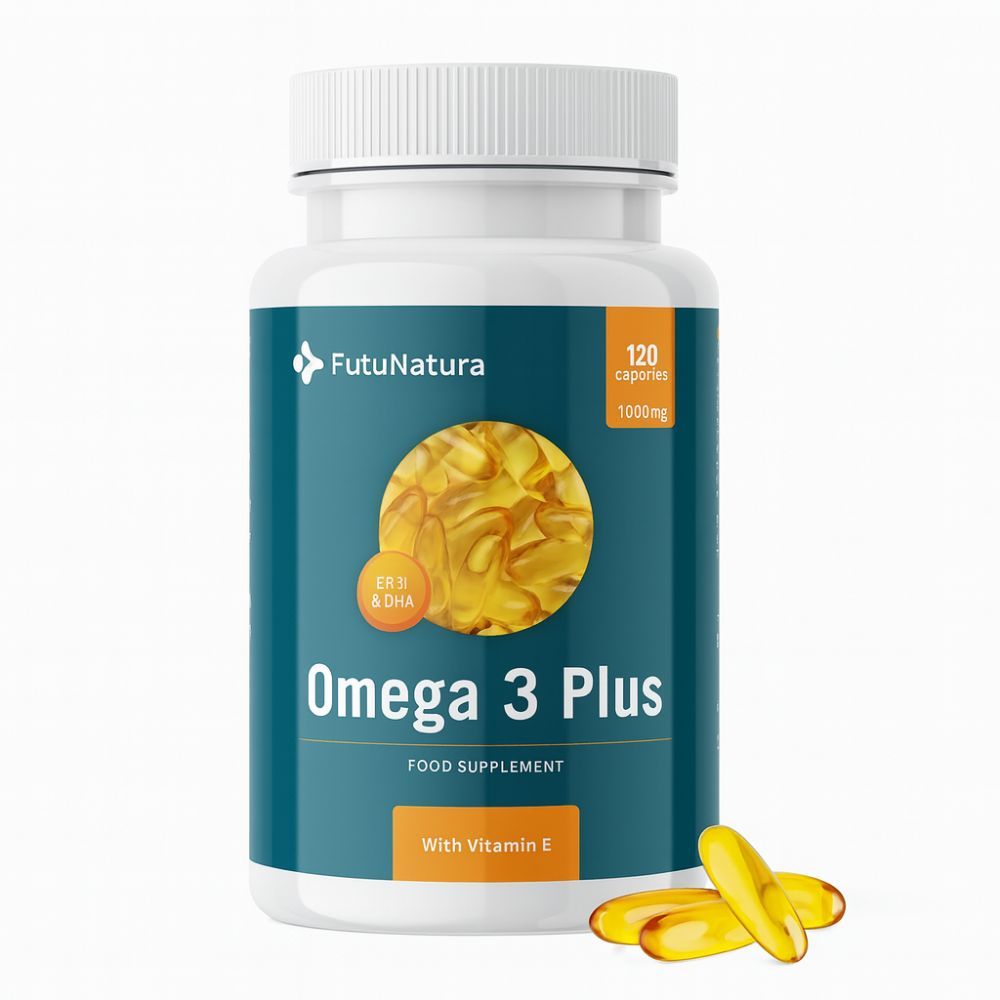 Weiße Flasche mit Omega 3 Plus Kapseln. Aufschrift: FutuNatura, 120 Kapseln, 1000mg. Gelbe Kapseln liegen daneben.