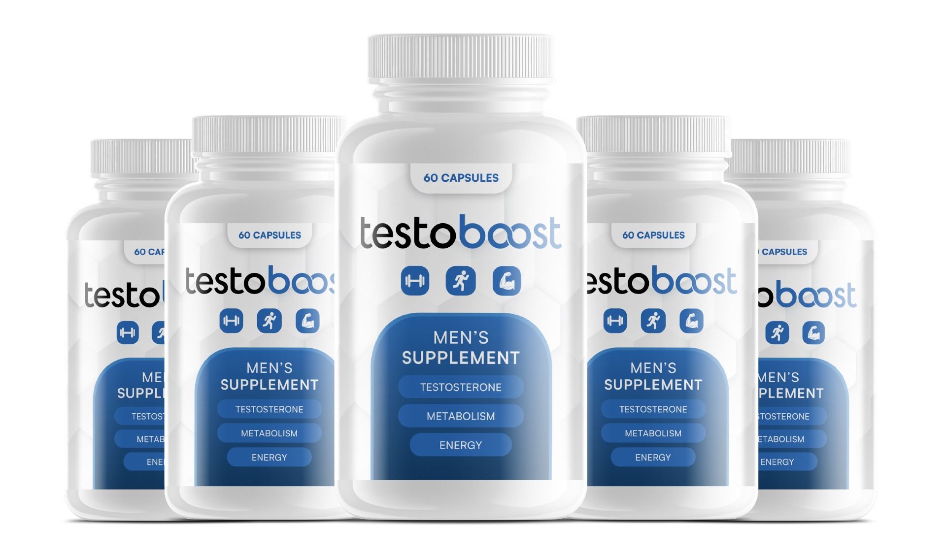 Fünf Flaschen Testoboost Männer-Nahrungsergänzungsmittel, 60 Kapseln pro Flasche.
