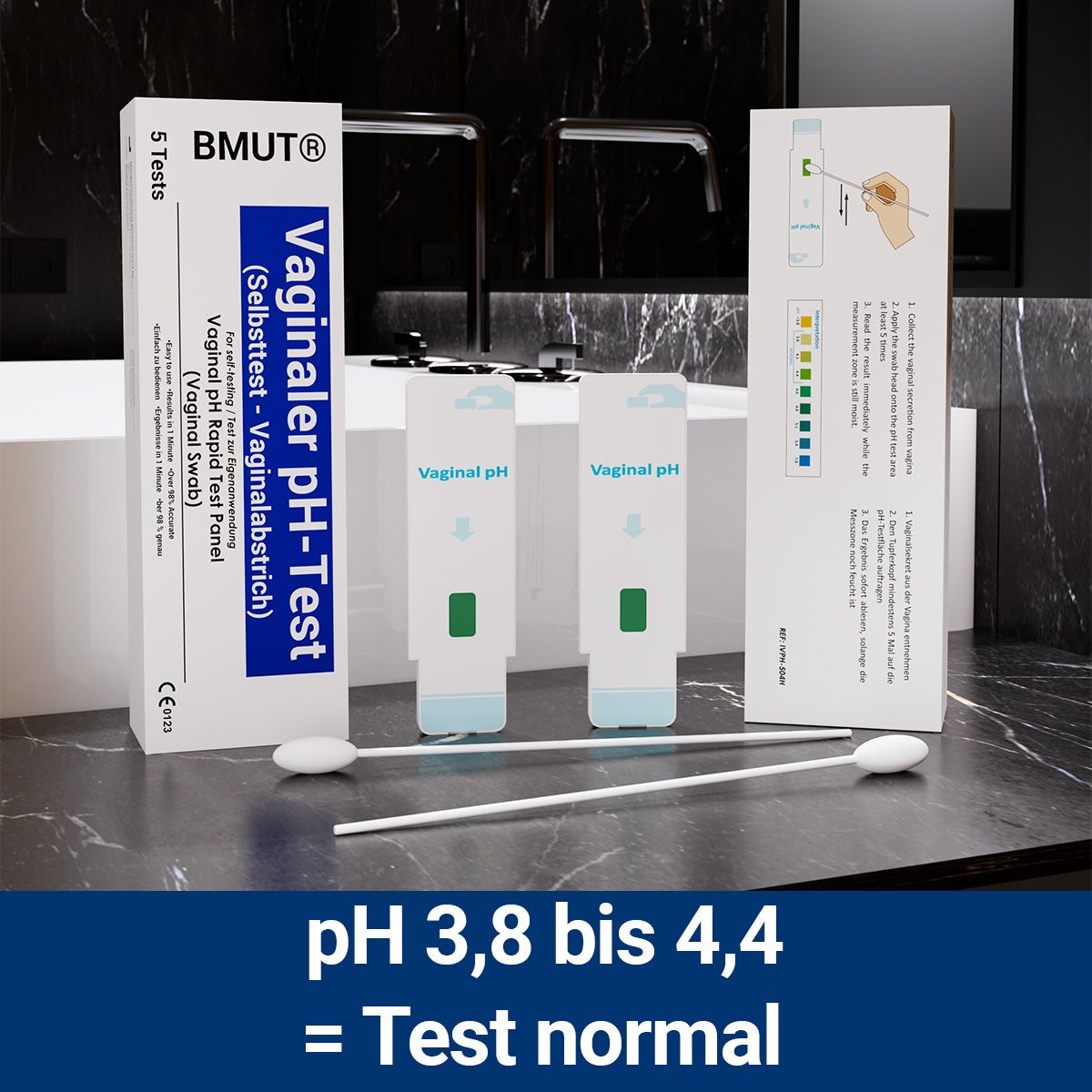 BMUT Vaginaler pH-Test: 5 Tests, 2 Teststäbchen, Anleitung. CE-Kennzeichnung.