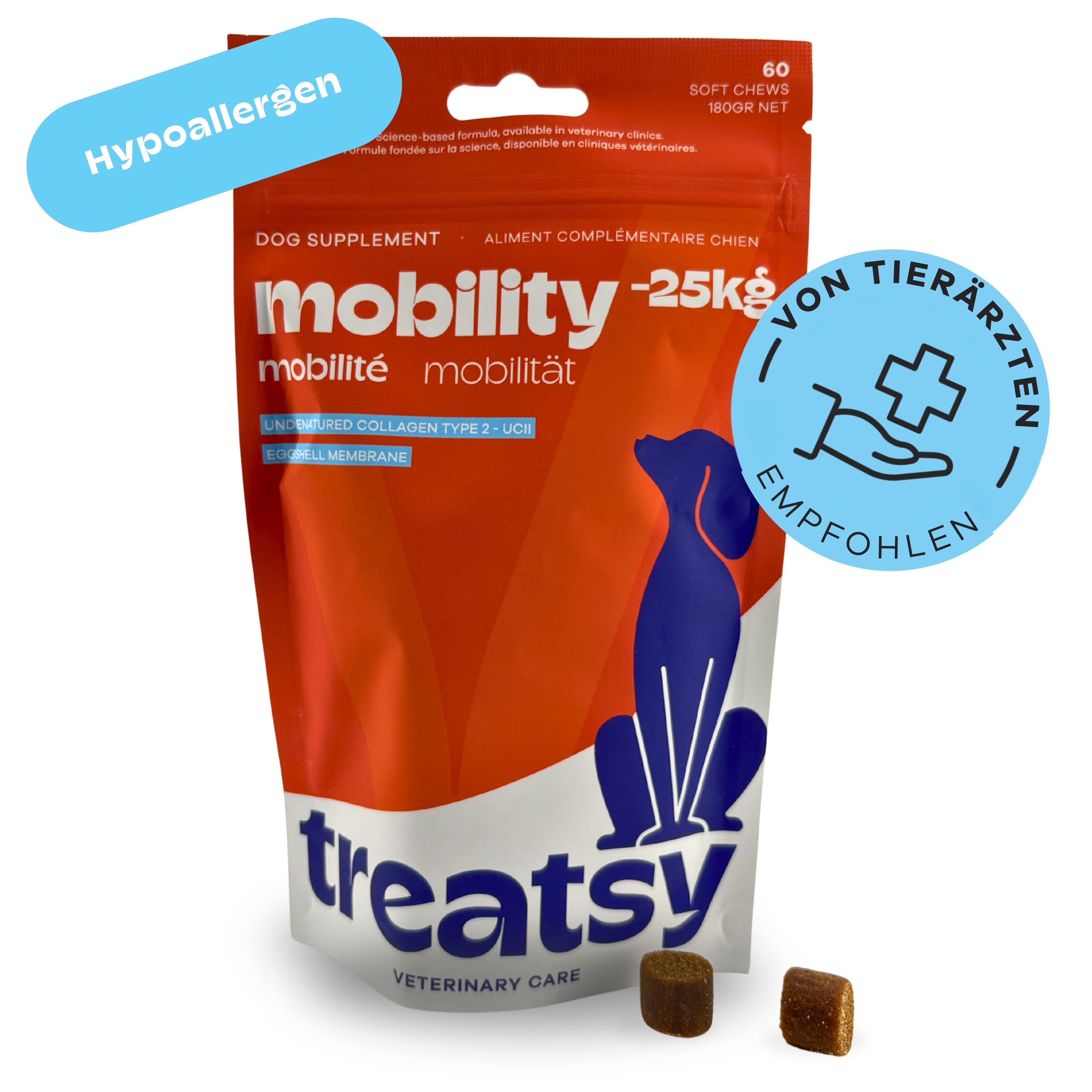 Hunderte supplement Beutel "mobility -25kg", "Hypoallergen" und "Von Tierärzten empfohlen".