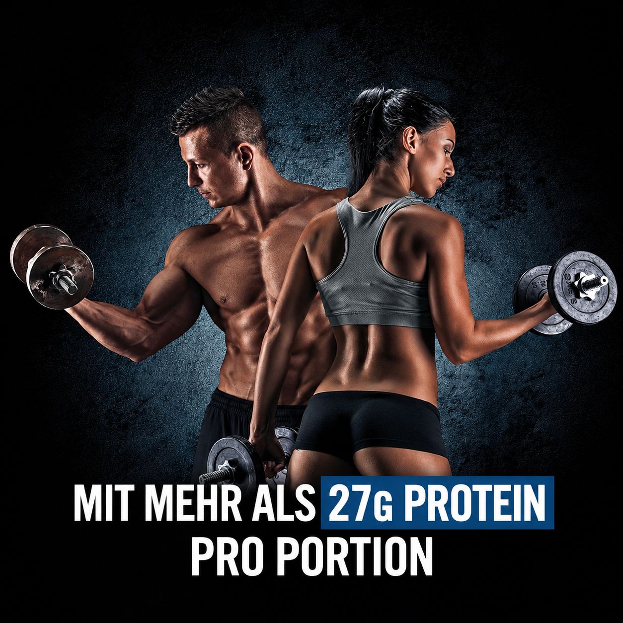 Mann und Frau beim Hanteltraining, Text: Mehr als 27g Protein pro Portion.