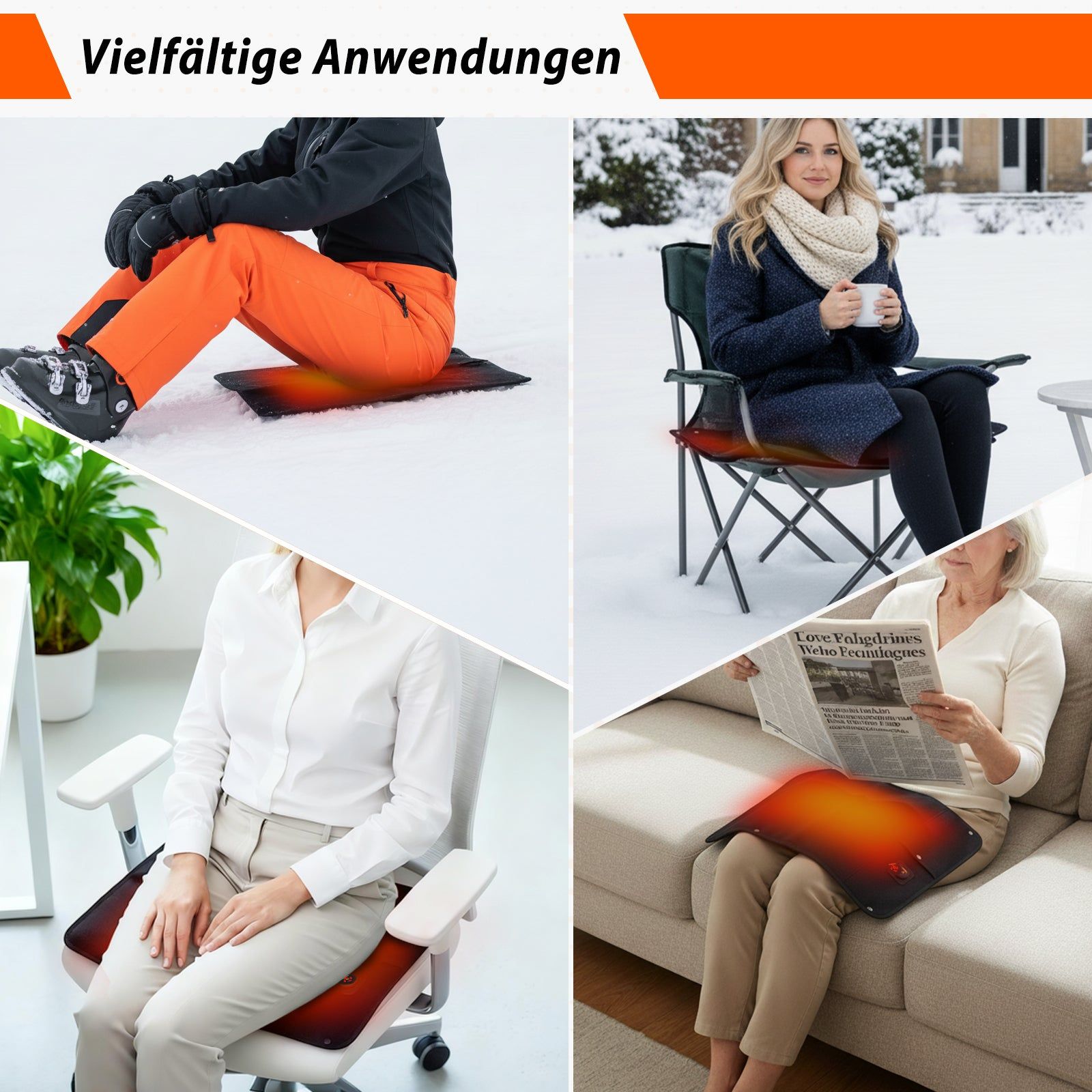 Anwendungsbeispiele: Im Schnee, auf Stuhl, im Büro, auf Sofa. Heizkissen in verschiedenen Situationen.