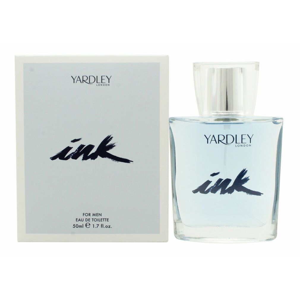 Yardley Ink Eau de Toilette Spray. Rechteckiger Glasflakon mit blauem Inhalt, daneben Karton. Aufschrift "ink" und "Yardley".
