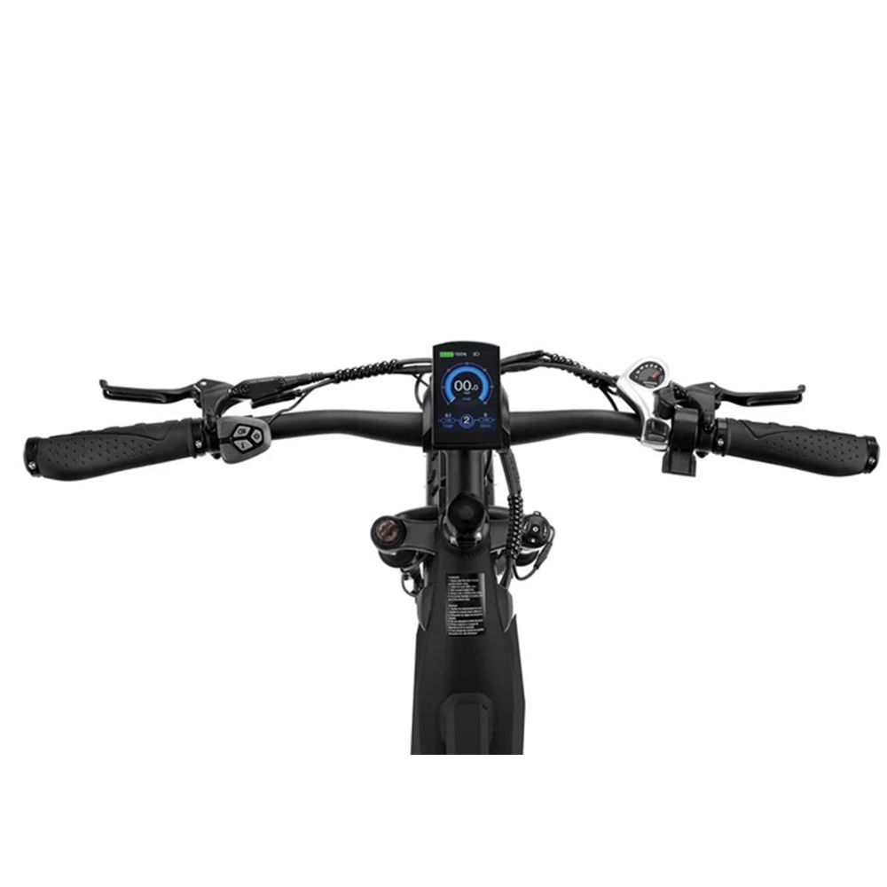 Lenker eines schwarzen Elektrofahrrads. Digitales Display, Bedienelemente und Kabel.
