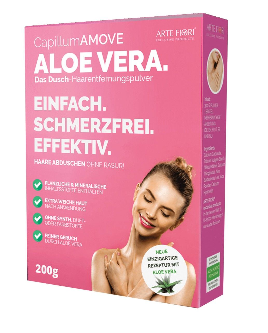 Produktverpackung. CapillumAMOVE Aloe Vera. 200g. Das Dusch-Haarentfernungspulver. Einfach, schmerzfrei, effektiv.