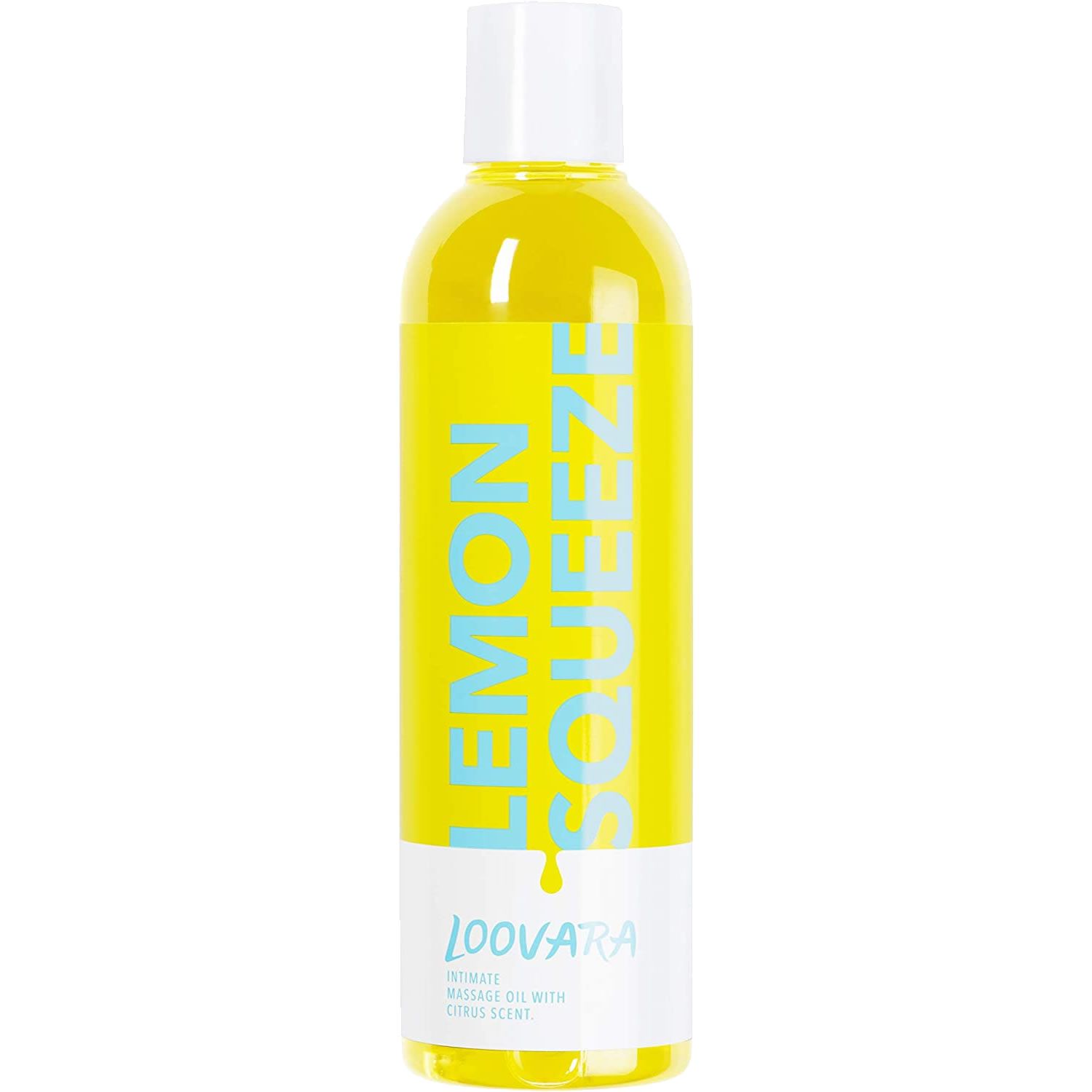 Gelbe Flasche mit weißem Deckel. Aufschrift: Lemon Squeeze. Loovara-Logo. Text: Intimes Massageöl mit Citrusduft.
