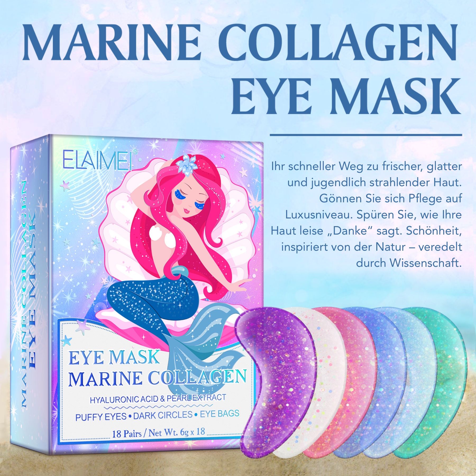 ELAIMEI Eye Mask Packung mit Meerjungfrau-Design, 18 Paar Augenpads. Verschiedene Farben der Pads sind sichtbar.