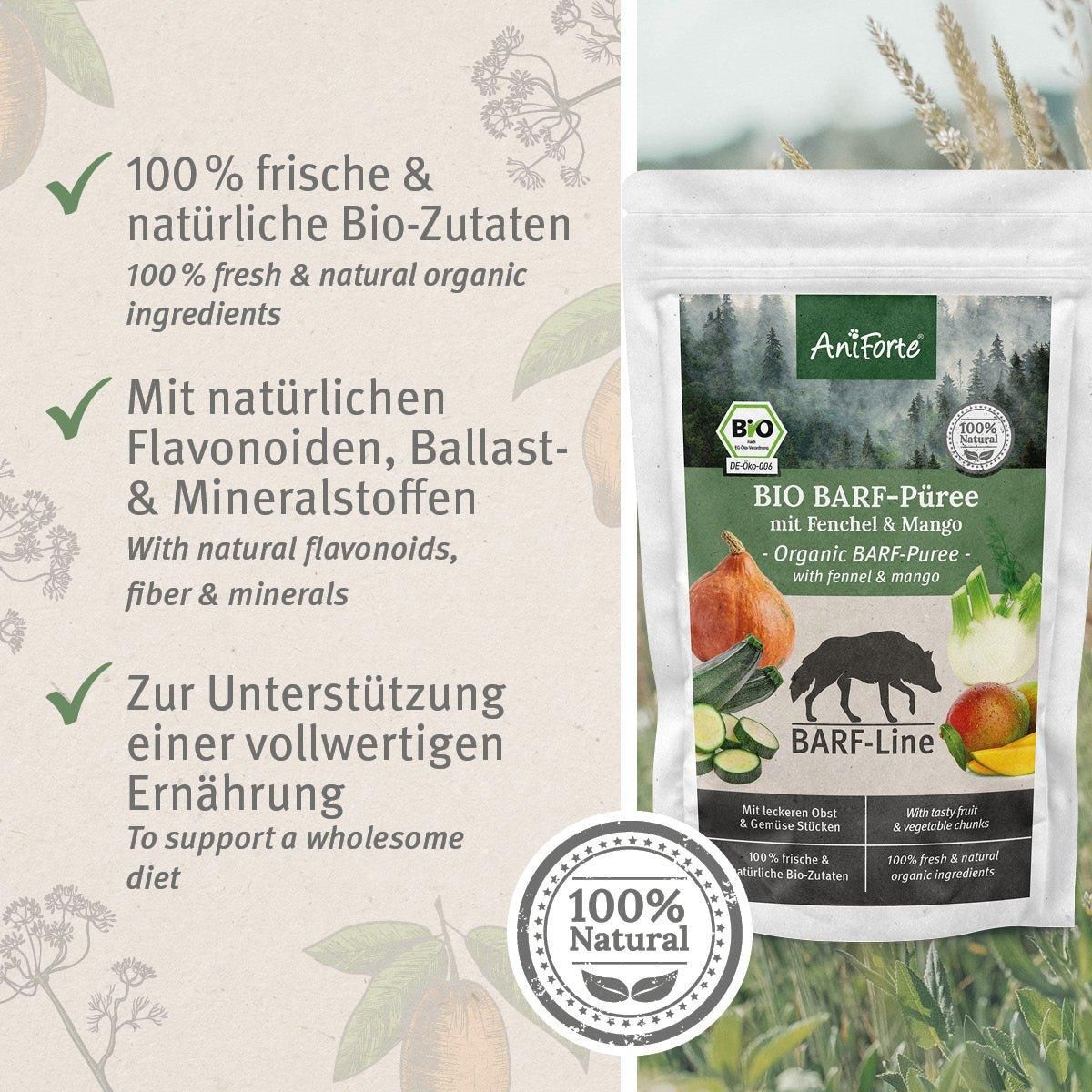 Produktverpackung mit Text und Logos. Enthält Informationen zu Bio-Zutaten, Flavonoiden und Ernährung.