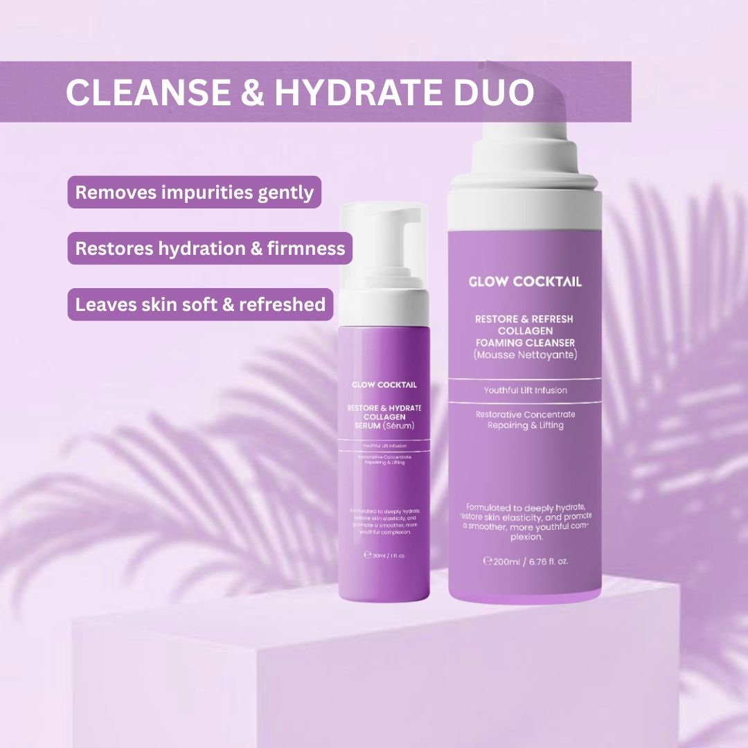Glow Cocktail: Reiniger und Serum auf Podest, mit Text.