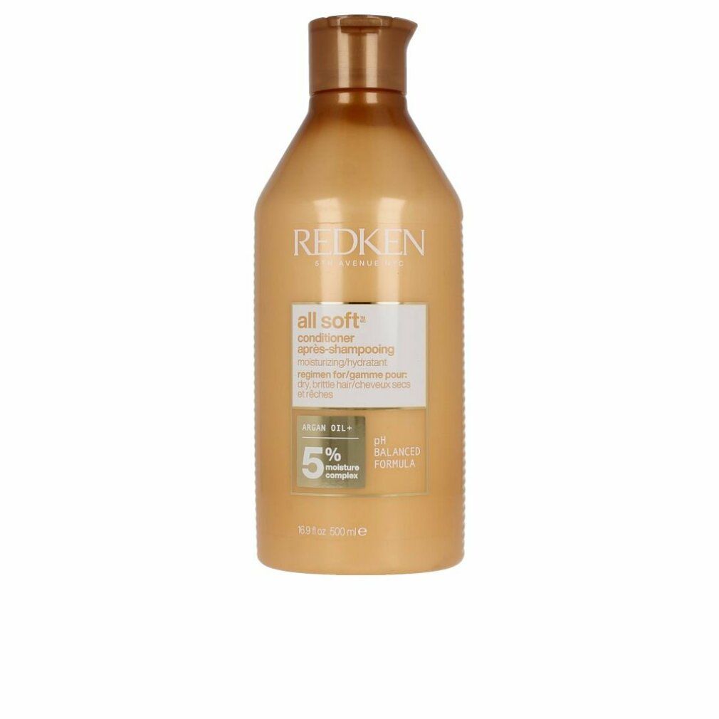 Goldfarbene Flasche mit Conditioner. Aufschrift: Redken, All Soft. Enthält Arganöl und 5% Feuchtigkeitskomplex. pH-ausgeglichen.