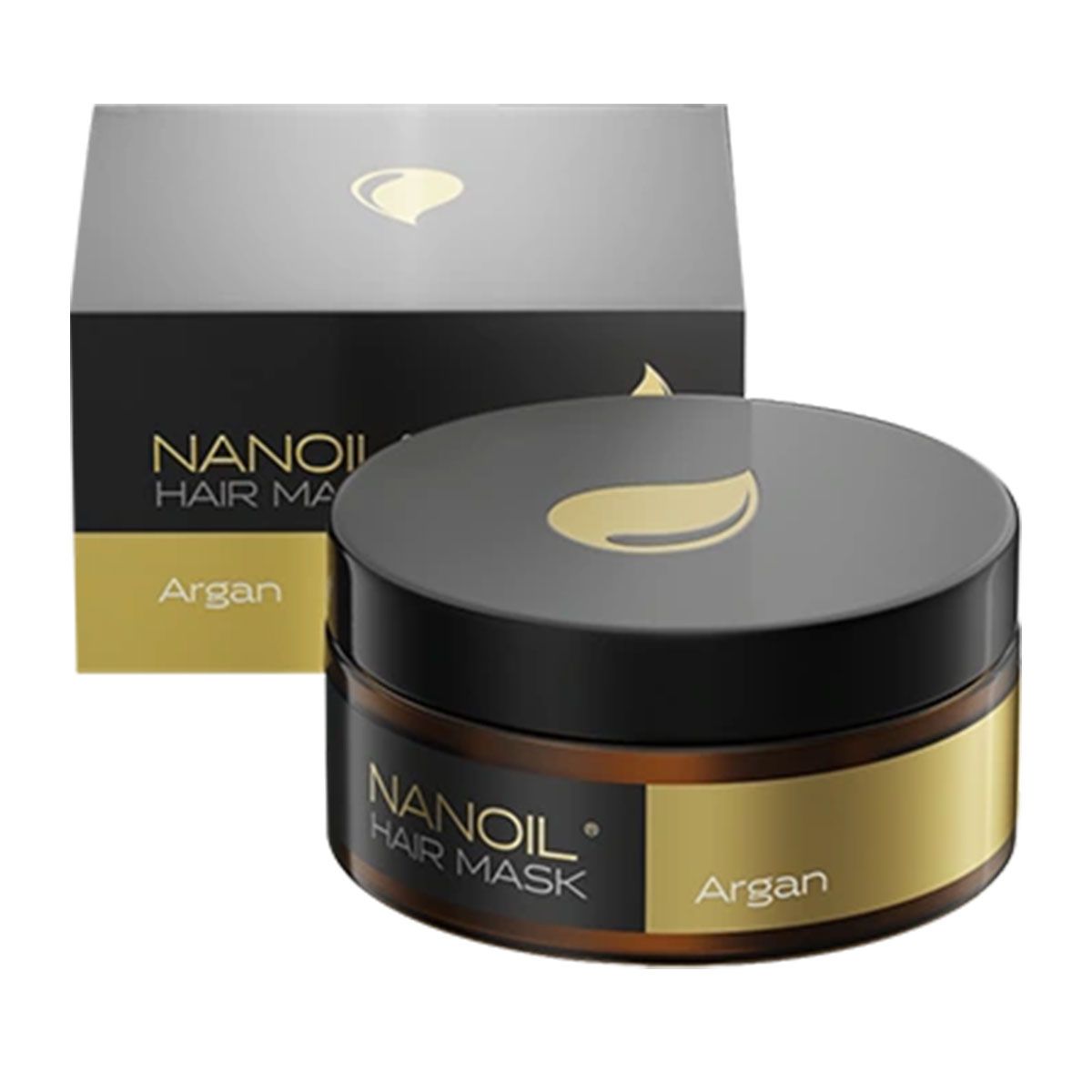 Nanolash Haarmaske Argan mit Umverpackung. Brauner Tiegel mit schwarzem Deckel und goldener Banderole.