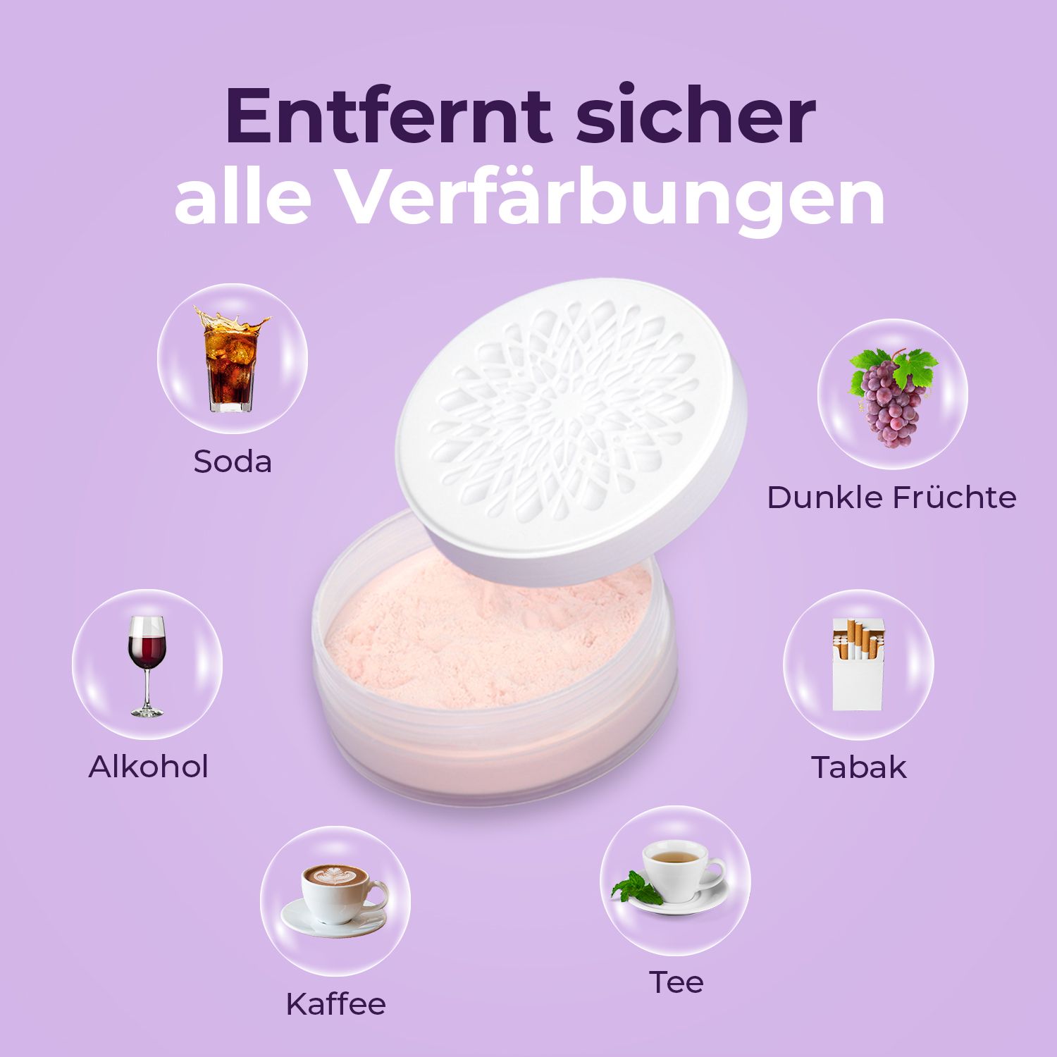 OnlySmile®-Pulver mit geöffnetem Deckel. Abgebildet: Kaffee, Tee, Alkohol, Tabak, etc. Text: Entfernt sicher alle Verfärbungen.