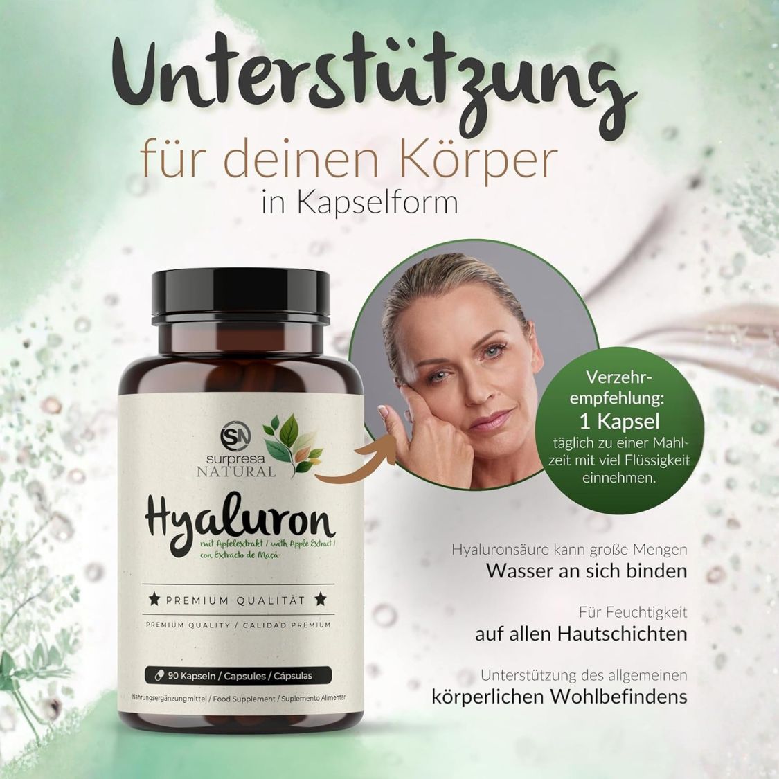 Flasche Surpresa Natural Hyaluron Kapseln neben Frauengesicht. Empfehlung: 1 Kapsel täglich.