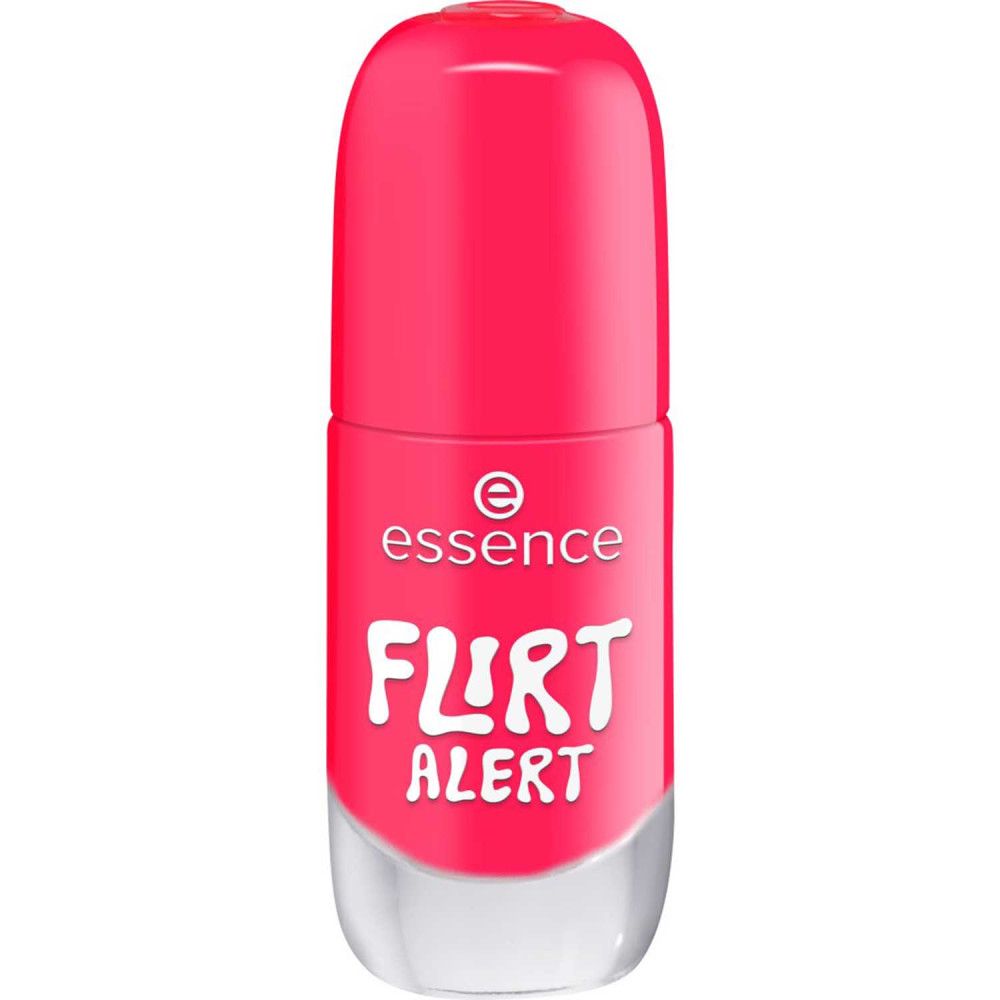 Pinkfarbene Nagellackflasche mit Deckel. Aufschrift: Essence, Flirt Alert.