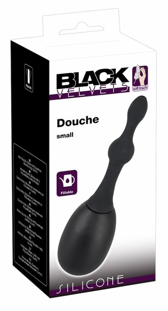 Verpackung der Marke Black Velvets. Enthält eine schwarze Analdusche. Aufschrift: Douche small, Silicone.