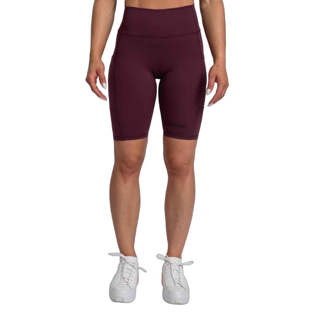 Damen Biker Shorts in Dunkelrot mit hoher Taille und seitlichen Taschen.