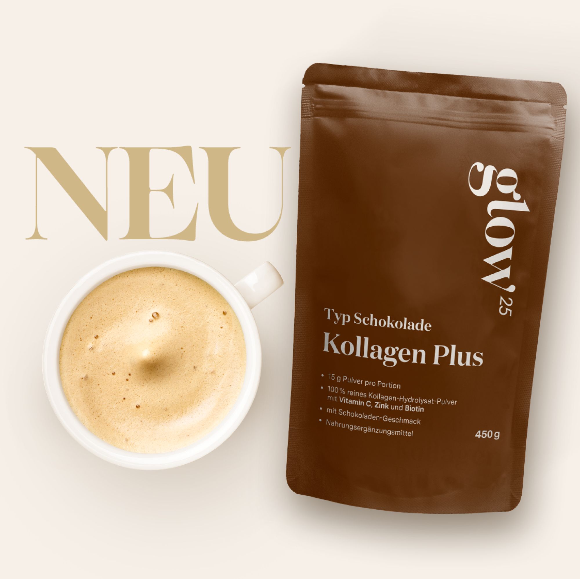 Kaffeetasse neben Produktverpackung. Text: "NEU". Verpackung: "Glow25" und "Kollagen Plus Typ Schokolade". Enthält 450g.
