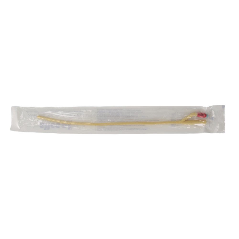 Katheter in steriler Verpackung. Gelbes Material, roter Verschluss. Transparente Verpackung.