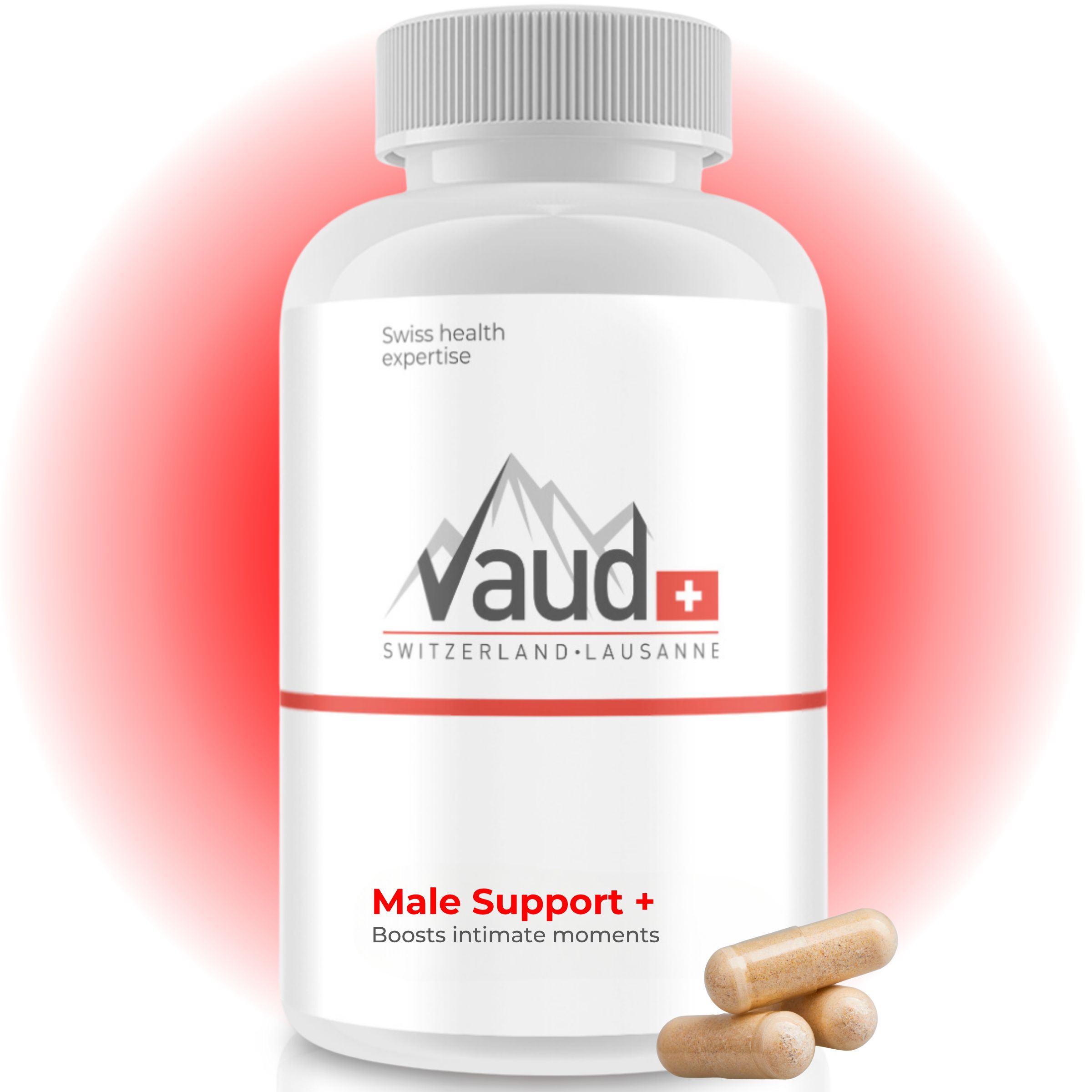 Weiße Flasche mit Kapseln. Aufschrift: Vaud, Male Support +. Schweizer Gesundheitskompetenz.