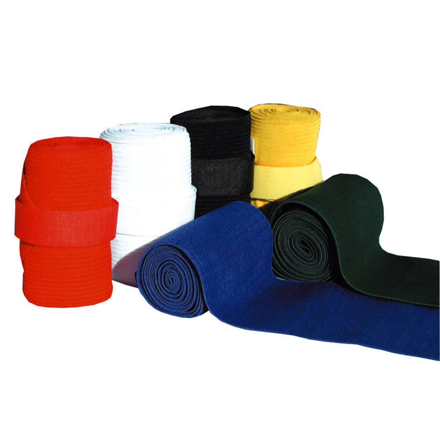 Mehrfarbige Bandagen, gerollt. Farben: Rot, Weiß, Schwarz, Gelb, Blau, Grün. Verschiedene Texturen und Breiten.