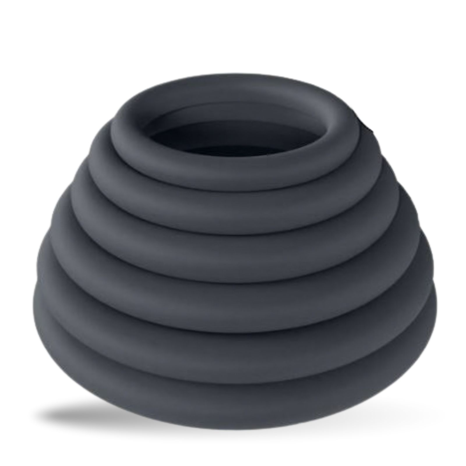 Grauer Silikonring-Turm mit sechs Ringen. Konische Form. Auf weißem Hintergrund.