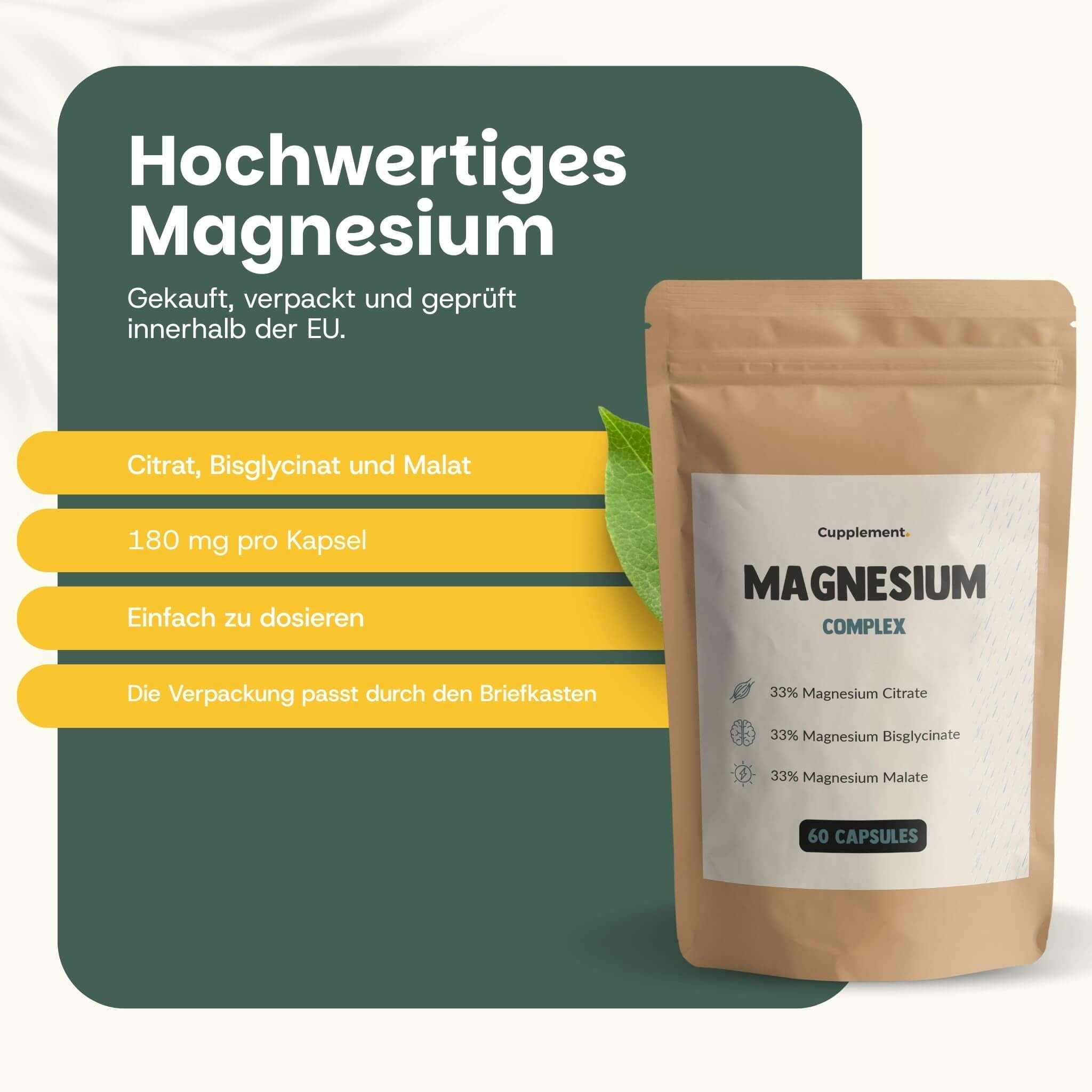 Vergleich: Cupplement Magnesium vs. andere Anbieter. Cupplement: Kraftpapierbeutel, vegane Kapseln. Andere: Plastikverpackung.
