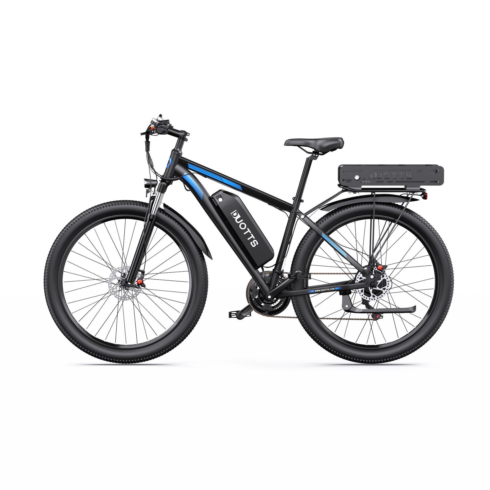 Schwarzes E-Bike mit blauen Akzenten. DUOTTS-Logo, Dual-Akku, Shimano 21-Gang. Seitenansicht, weißer Hintergrund.