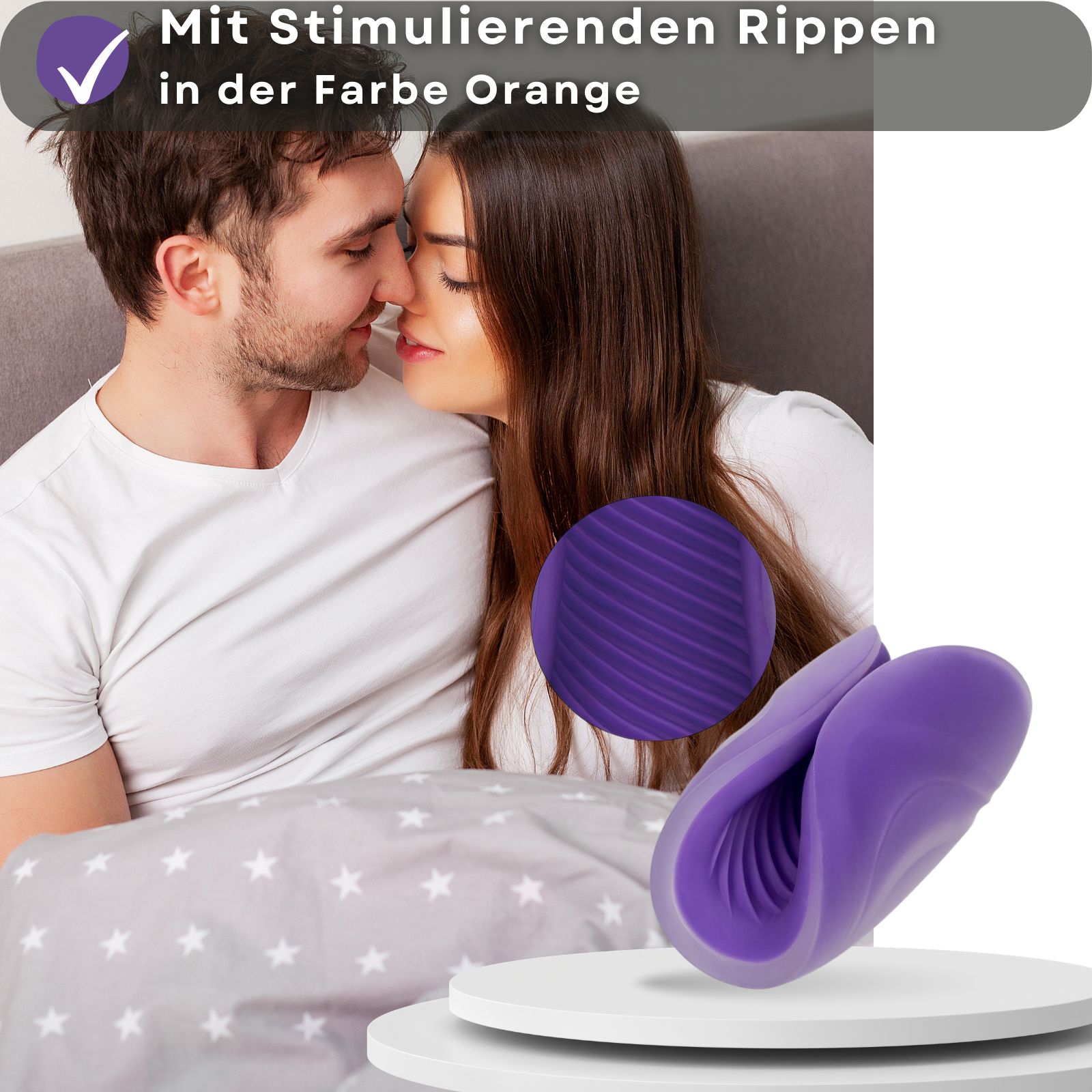Masturbator, lila. Aus TPE. Mit Rillen. Auf Podest.