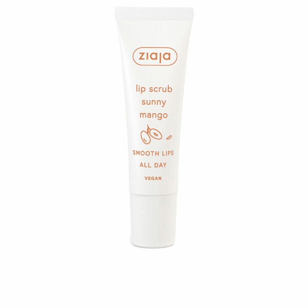 Weiße Tube mit Produkttext. Aufschrift: Ziaja, Lip Scrub Sunny Mango, Smooth Lips All Day, Vegan. Abbildung von Früchten.