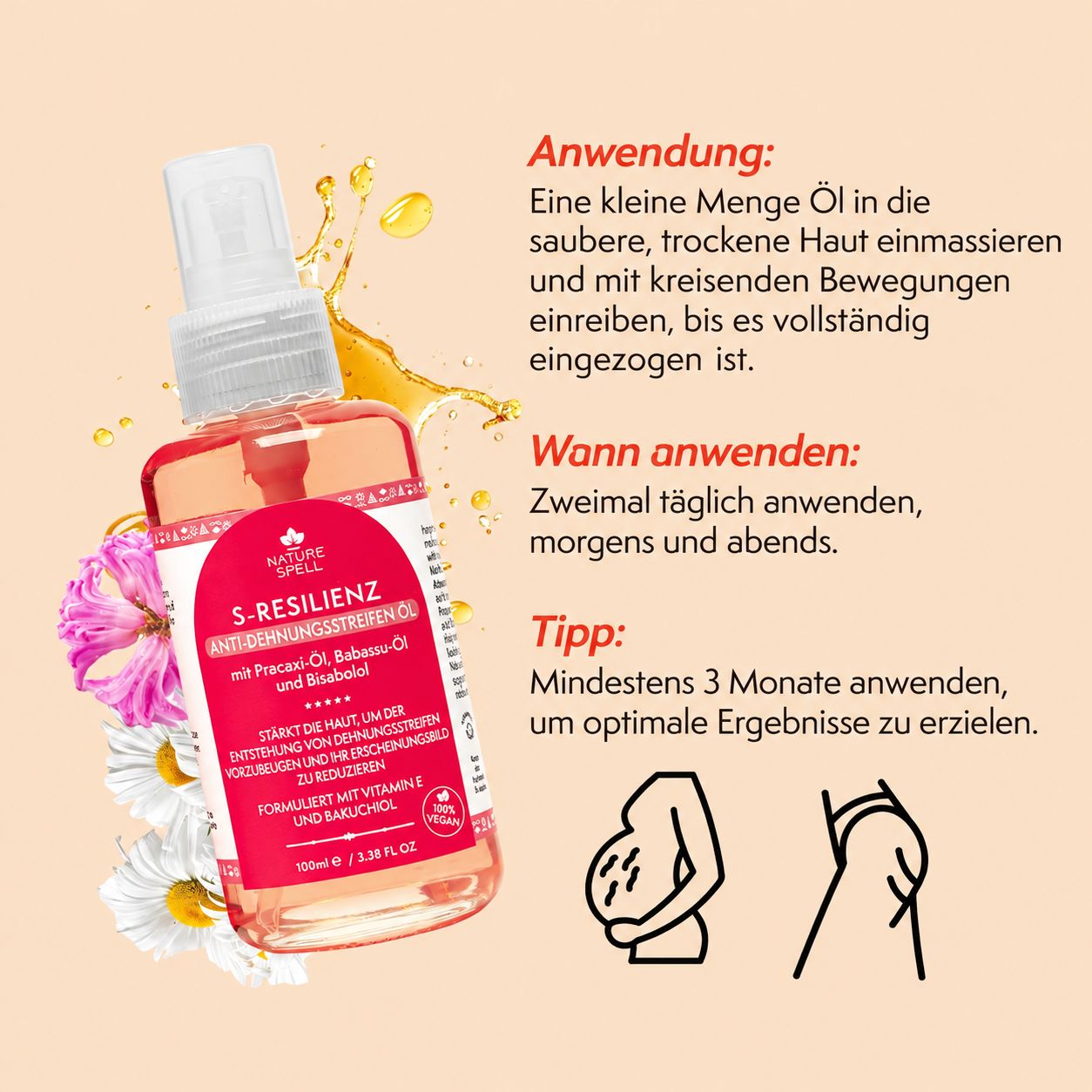 Flasche mit S-Resilienz Anti-Dehnungsstreifenöl von Nature Spell.
