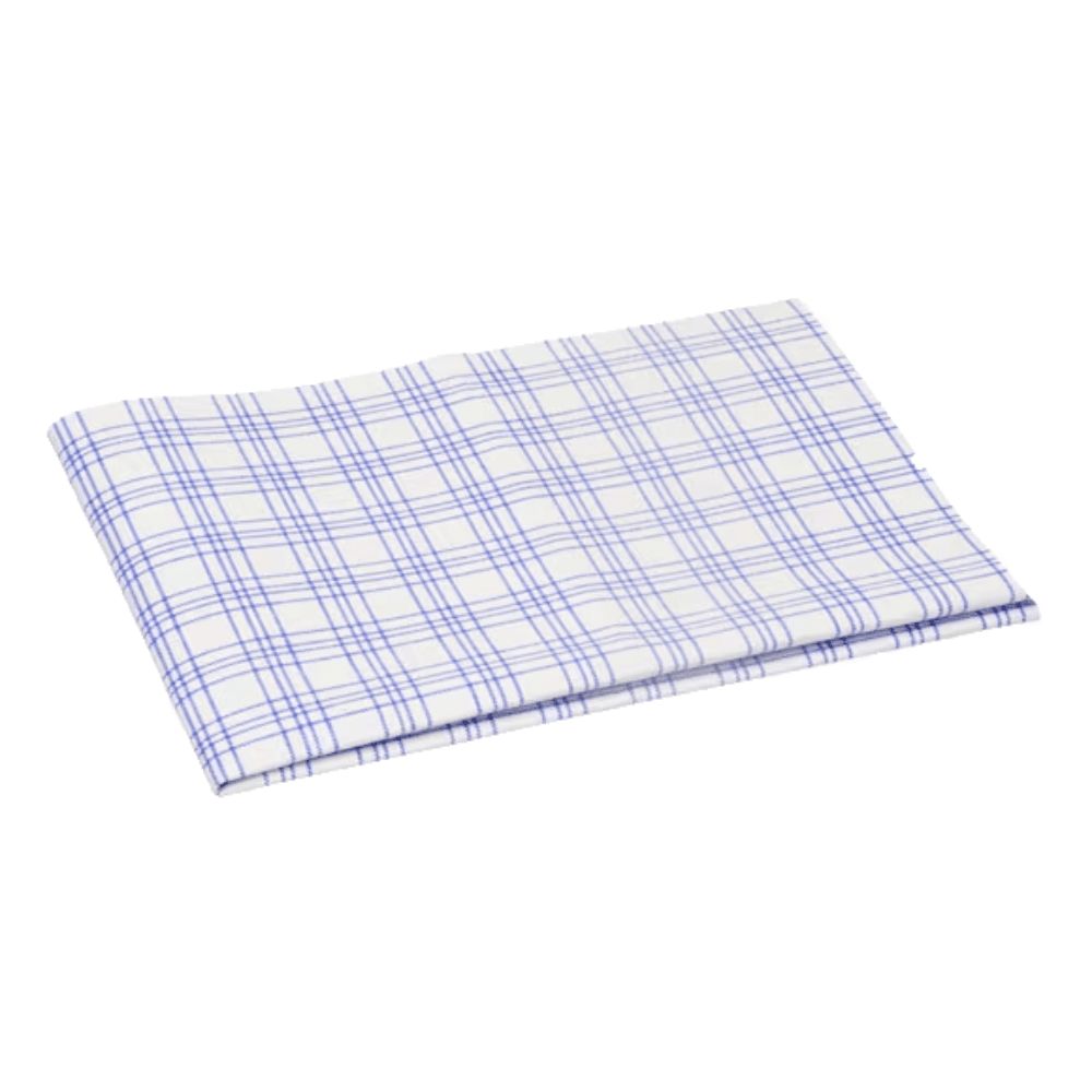 Weißes Mikrofasertuch mit blauem Karomuster.
