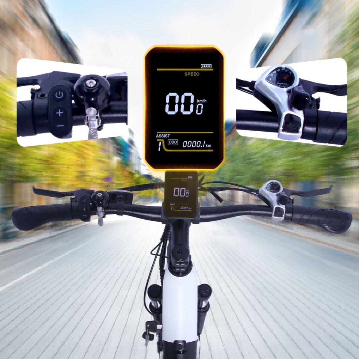 Nahaufnahme des Fahrradlenkers mit Display. Geschwindigkeit und Assistenzlevel werden angezeigt.