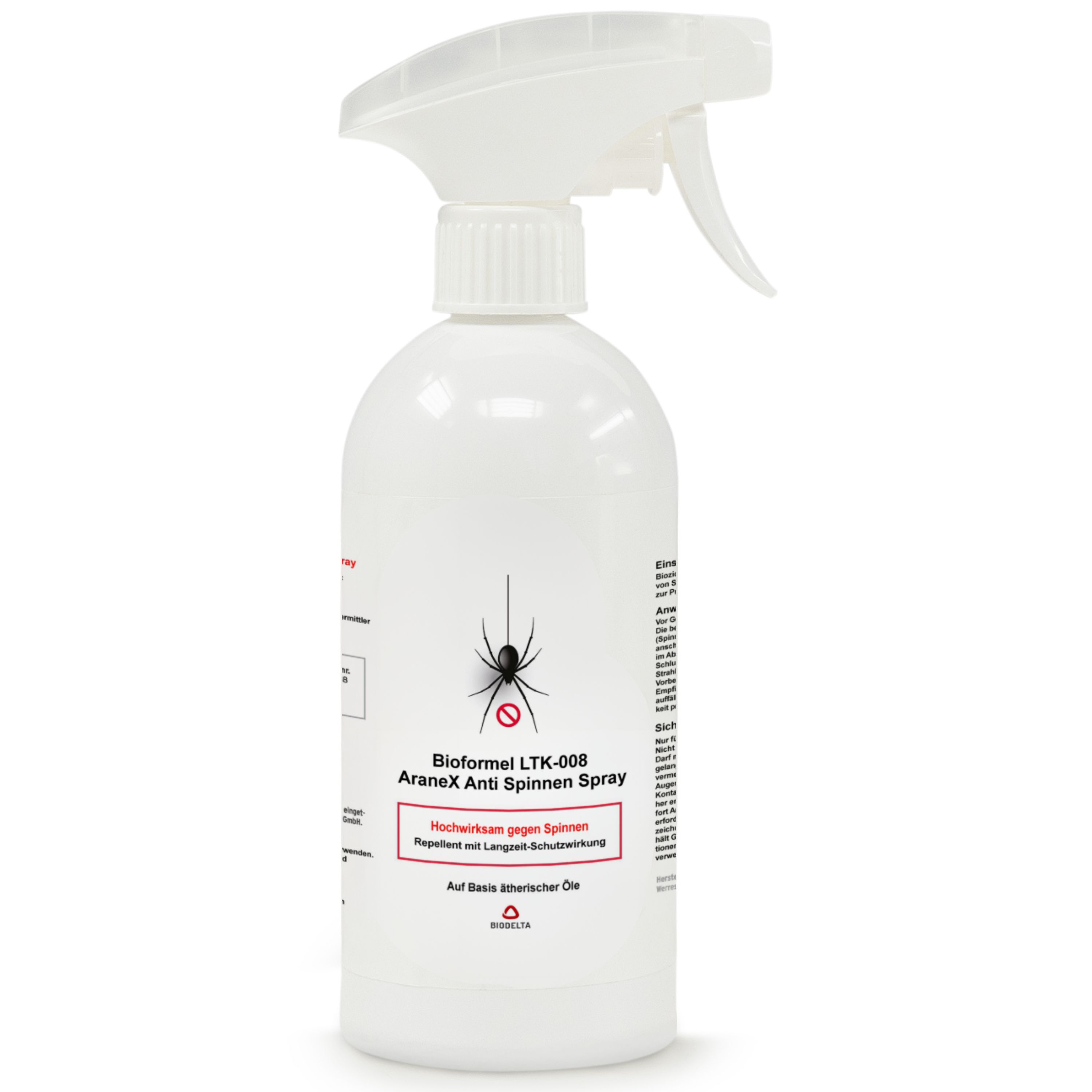 Weiße Sprühflasche mit Etikett. Etikett mit Spinnen-Symbol und Text: "Bioformel LTK-008 AraneX Anti Spinnen Spray".