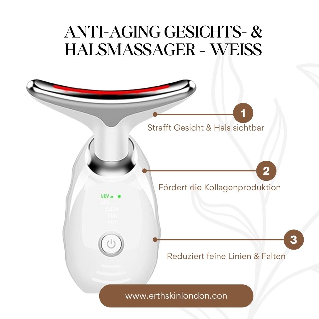 Weißer Gesichts- und Halsmassager mit rotem Licht. Text: "Anti-Aging Gesichts- & Halsmassager - Weiß".