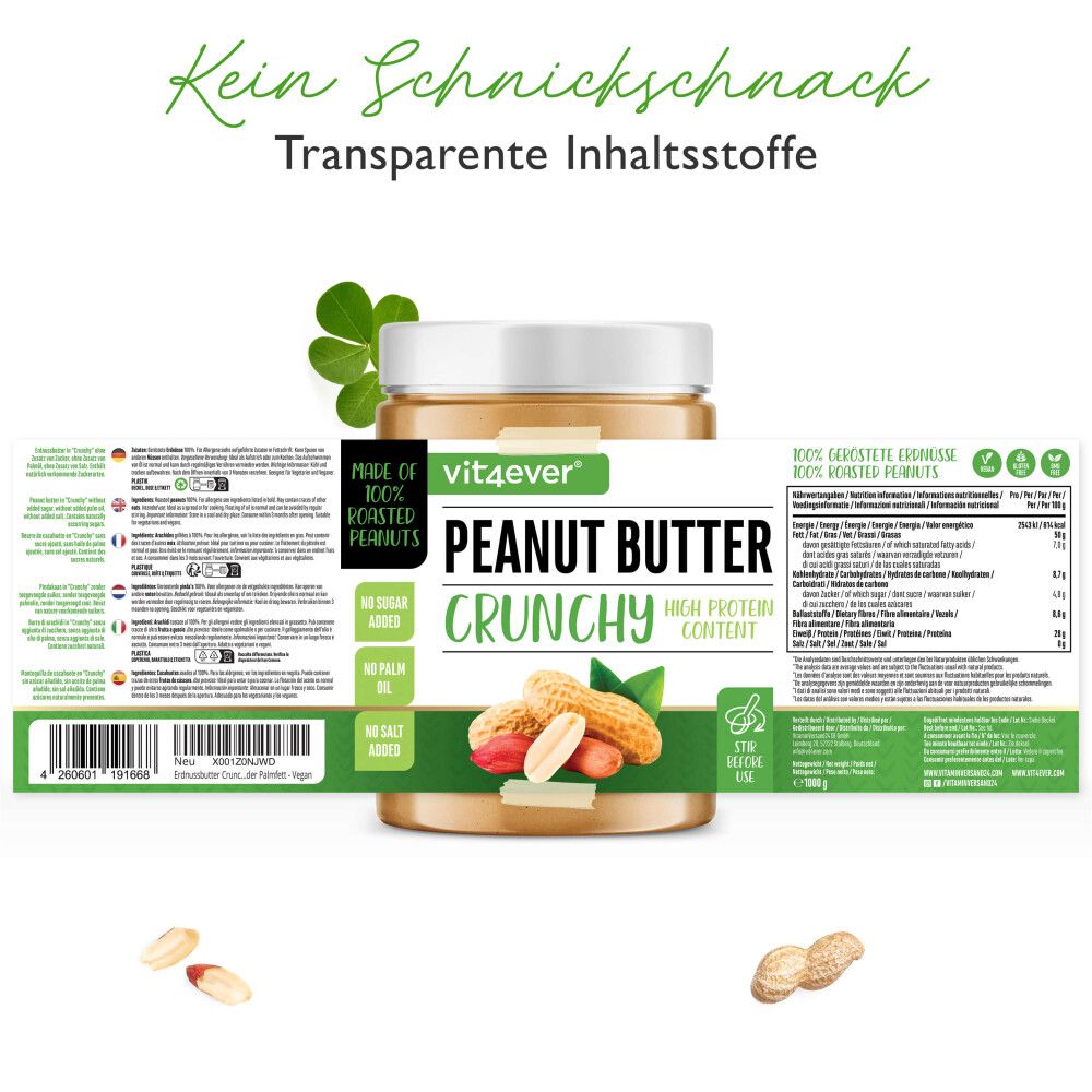 Glas Erdnussbutter mit Etikett. Text: Vit4ever, Peanut Butter Crunchy, 100% geröstete Erdnüsse, High Protein Content.