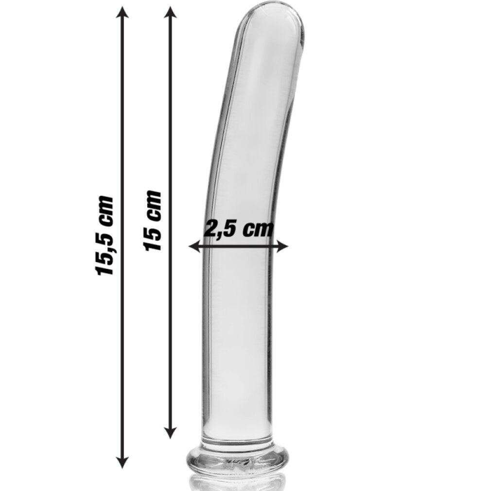 Borosilikatglas-Dildo, Modell 9, klar. Maße: Gesamtlänge 15,5 cm, nutzbare Länge 15 cm, Durchmesser 2,5 cm.