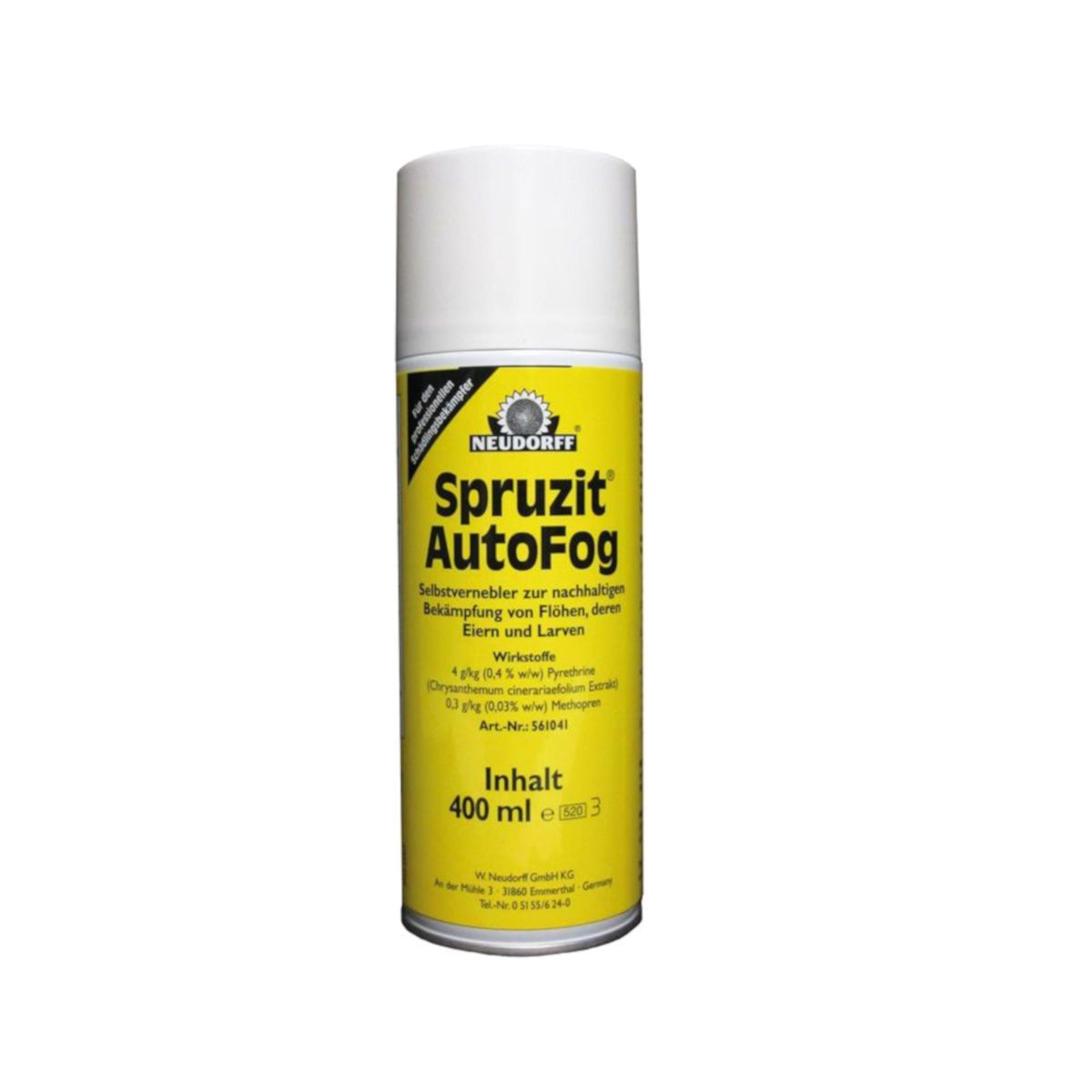 Zylindrische Dose mit gelbem Etikett. Aufschrift: Spruzit AutoFog. Enthält 400 ml. Hersteller: Neudorff.